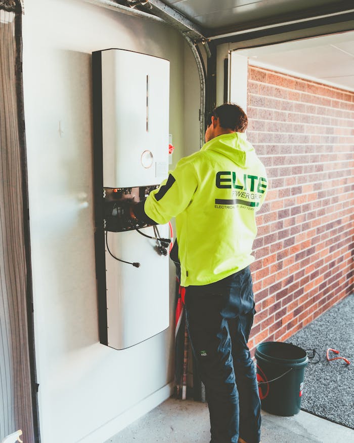 digital-01 Electrician working on a solar inverter installation inside a garage in New South Wales, Australia.